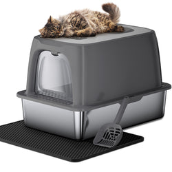 Extra Large Stainless Steel Litter Box, Odor Removal Cat Litter Box Enclosure, XL Cat Litter Box for Big & Multiple Cats with Litter Mat & Scoop